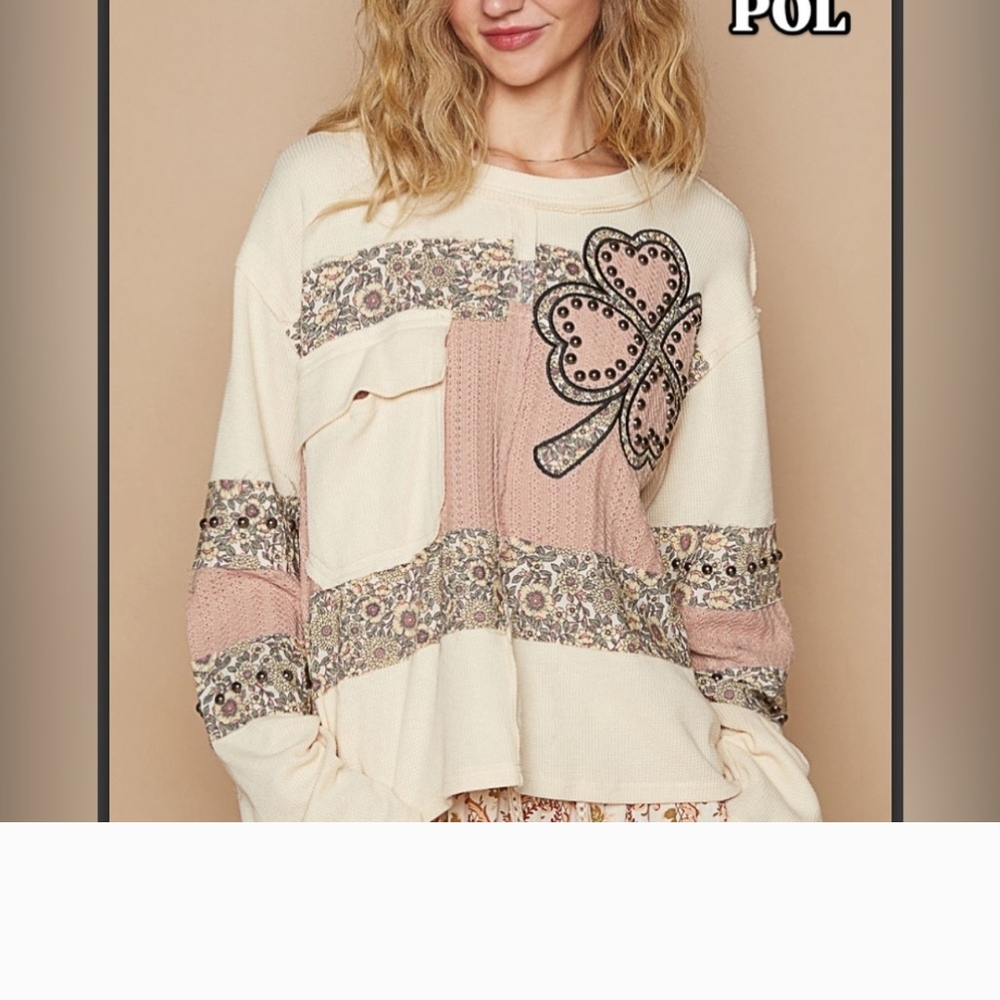 POL Women's Cream and Pink Patchwork Top
